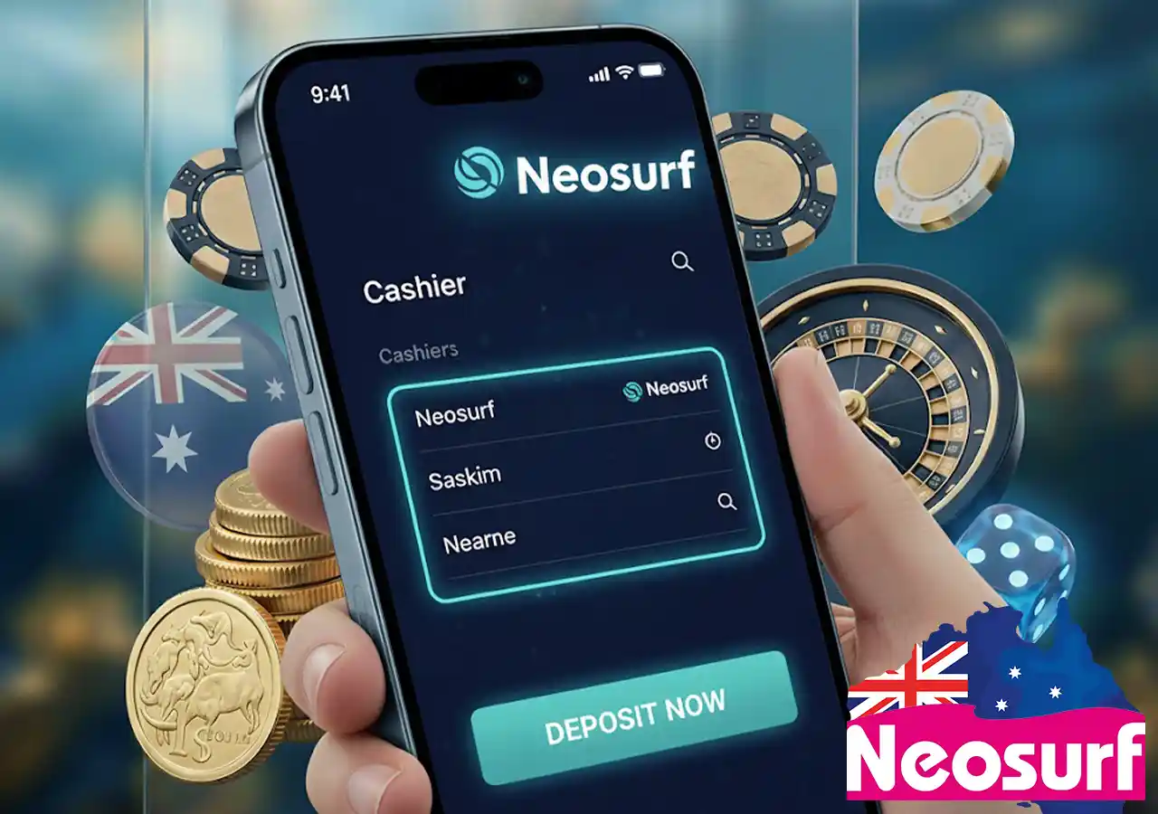 Modern smartphone mockup showing an Australian mobile casino interface with Neosurf payment option.